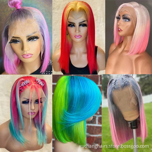 Colored Bob Lace Front Human Hair Wigs Brazilian Virgin Hair Blonde Pink Red Blue Yellow Gray Orange Color Short Bob Cut Wigs